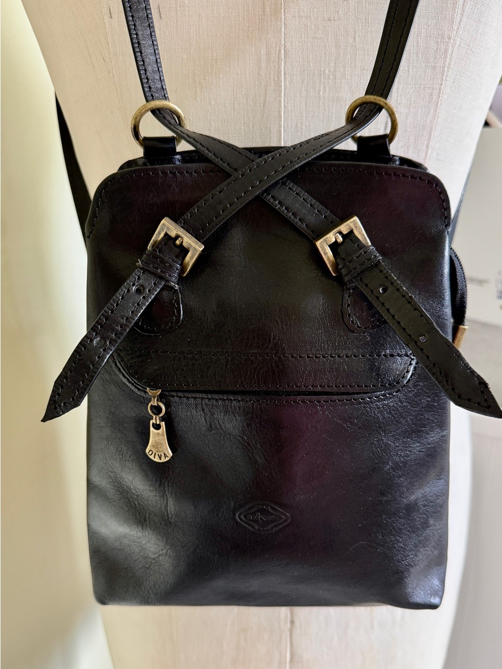 Diva Black Leather Backpack with Gold Hardware
